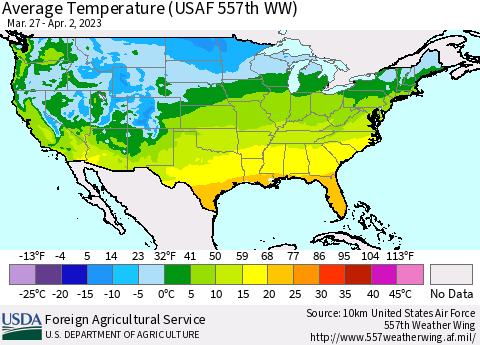 United States Average Temperature (USAF 557th WW) Thematic Map For 3/27/2023 - 4/2/2023