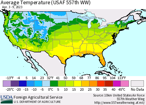 United States Average Temperature (USAF 557th WW) Thematic Map For 4/3/2023 - 4/9/2023