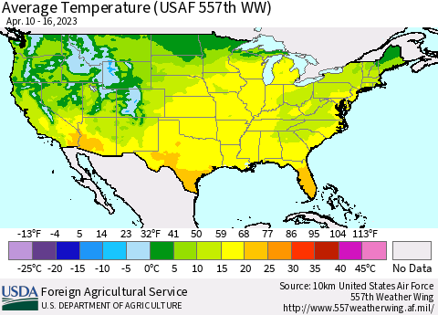United States Average Temperature (USAF 557th WW) Thematic Map For 4/10/2023 - 4/16/2023