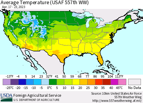 United States Average Temperature (USAF 557th WW) Thematic Map For 4/17/2023 - 4/23/2023