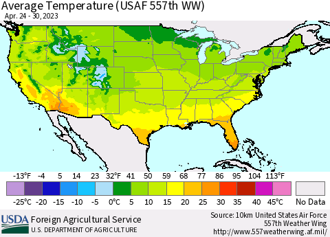 United States Average Temperature (USAF 557th WW) Thematic Map For 4/24/2023 - 4/30/2023