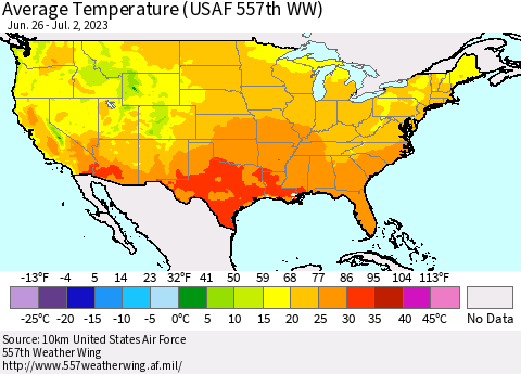 United States Average Temperature (USAF 557th WW) Thematic Map For 6/26/2023 - 7/2/2023