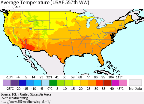 United States Average Temperature (USAF 557th WW) Thematic Map For 7/3/2023 - 7/9/2023