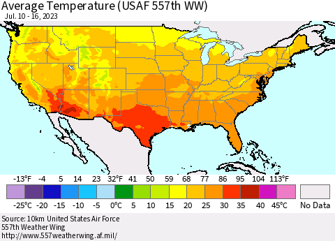 United States Average Temperature (USAF 557th WW) Thematic Map For 7/10/2023 - 7/16/2023