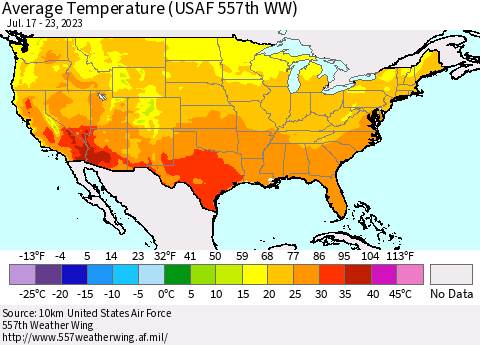 United States Average Temperature (USAF 557th WW) Thematic Map For 7/17/2023 - 7/23/2023