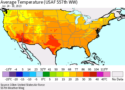 United States Average Temperature (USAF 557th WW) Thematic Map For 7/24/2023 - 7/30/2023