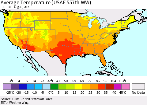 United States Average Temperature (USAF 557th WW) Thematic Map For 7/31/2023 - 8/6/2023