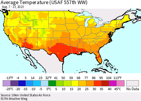 United States Average Temperature (USAF 557th WW) Thematic Map For 8/7/2023 - 8/13/2023