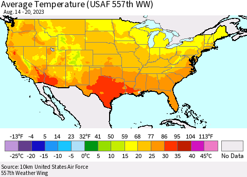 United States Average Temperature (USAF 557th WW) Thematic Map For 8/14/2023 - 8/20/2023