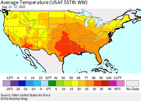 United States Average Temperature (USAF 557th WW) Thematic Map For 8/21/2023 - 8/27/2023