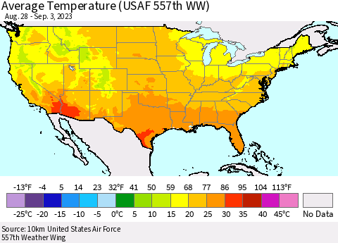 United States Average Temperature (USAF 557th WW) Thematic Map For 8/28/2023 - 9/3/2023