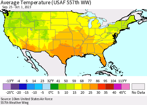 United States Average Temperature (USAF 557th WW) Thematic Map For 9/25/2023 - 10/1/2023