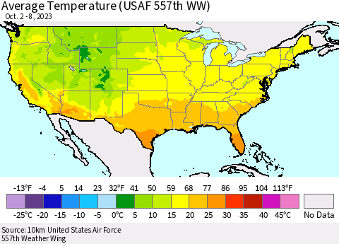 United States Average Temperature (USAF 557th WW) Thematic Map For 10/2/2023 - 10/8/2023