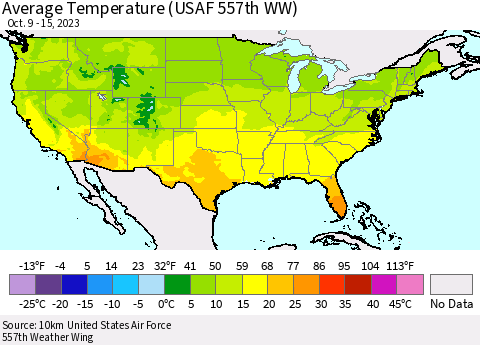 United States Average Temperature (USAF 557th WW) Thematic Map For 10/9/2023 - 10/15/2023