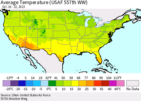 United States Average Temperature (USAF 557th WW) Thematic Map For 10/16/2023 - 10/22/2023