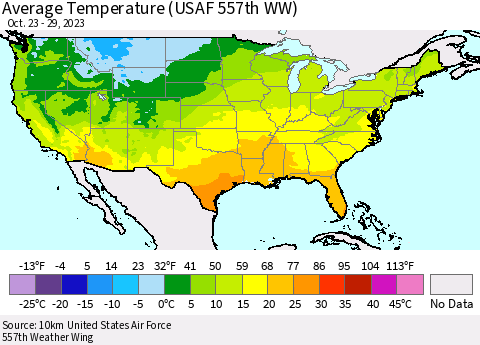 United States Average Temperature (USAF 557th WW) Thematic Map For 10/23/2023 - 10/29/2023