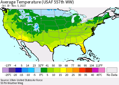 United States Average Temperature (USAF 557th WW) Thematic Map For 10/30/2023 - 11/5/2023