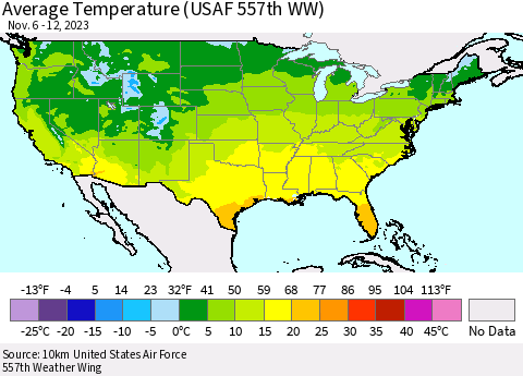 United States Average Temperature (USAF 557th WW) Thematic Map For 11/6/2023 - 11/12/2023