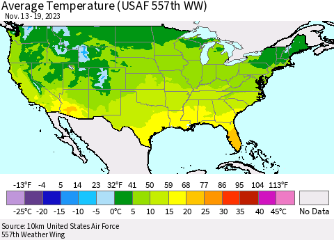 United States Average Temperature (USAF 557th WW) Thematic Map For 11/13/2023 - 11/19/2023