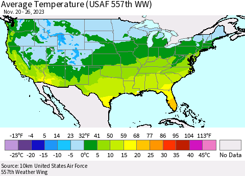 United States Average Temperature (USAF 557th WW) Thematic Map For 11/20/2023 - 11/26/2023