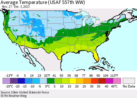 United States Average Temperature (USAF 557th WW) Thematic Map For 11/27/2023 - 12/3/2023