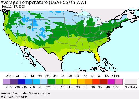 United States Average Temperature (USAF 557th WW) Thematic Map For 12/11/2023 - 12/17/2023