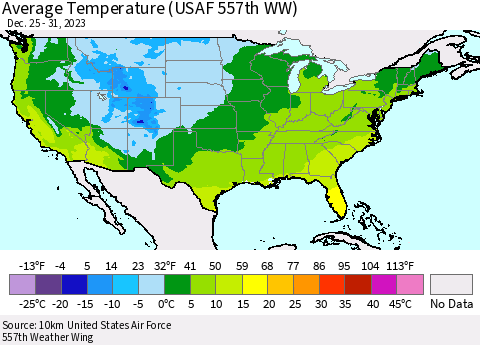 United States Average Temperature (USAF 557th WW) Thematic Map For 12/25/2023 - 12/31/2023