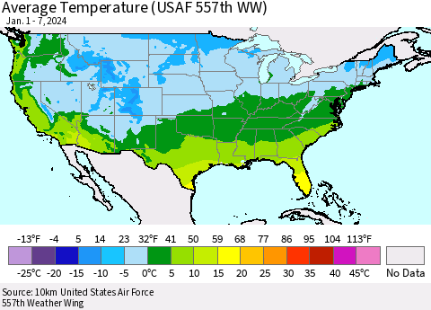 United States Average Temperature (USAF 557th WW) Thematic Map For 1/1/2024 - 1/7/2024