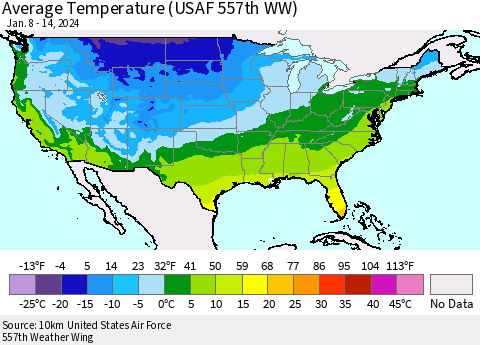 United States Average Temperature (USAF 557th WW) Thematic Map For 1/8/2024 - 1/14/2024