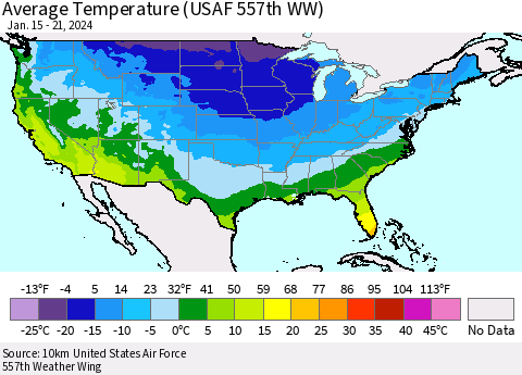 United States Average Temperature (USAF 557th WW) Thematic Map For 1/15/2024 - 1/21/2024