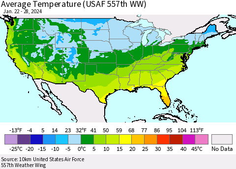 United States Average Temperature (USAF 557th WW) Thematic Map For 1/22/2024 - 1/28/2024