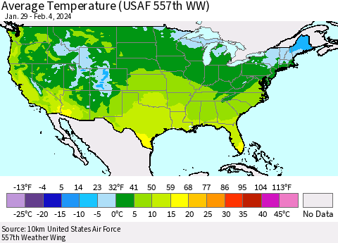 United States Average Temperature (USAF 557th WW) Thematic Map For 1/29/2024 - 2/4/2024