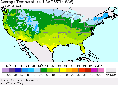 United States Average Temperature (USAF 557th WW) Thematic Map For 2/19/2024 - 2/25/2024