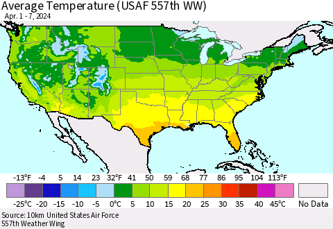 United States Average Temperature (USAF 557th WW) Thematic Map For 4/1/2024 - 4/7/2024