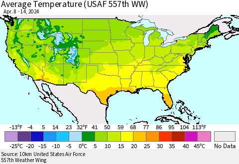 United States Average Temperature (USAF 557th WW) Thematic Map For 4/8/2024 - 4/14/2024