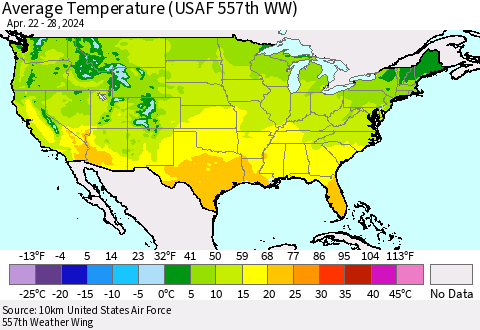 United States Average Temperature (USAF 557th WW) Thematic Map For 4/22/2024 - 4/28/2024