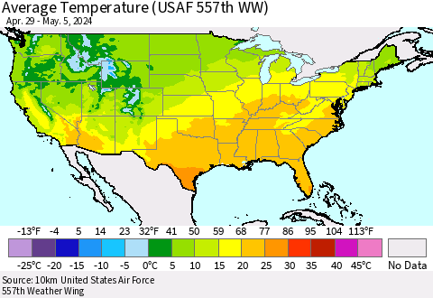 United States Average Temperature (USAF 557th WW) Thematic Map For 4/29/2024 - 5/5/2024