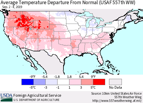 United States Average Temperature Departure from Normal (USAF 557th WW) Thematic Map For 9/2/2019 - 9/8/2019