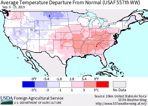 United States Average Temperature Departure From Normal (USAF 557th WW) Thematic Map For 9/9/2019 - 9/15/2019