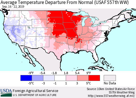 United States Average Temperature Departure from Normal (USAF 557th WW) Thematic Map For 9/16/2019 - 9/22/2019