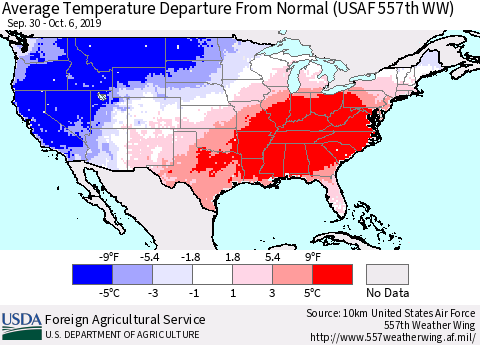 United States Average Temperature Departure from Normal (USAF 557th WW) Thematic Map For 9/30/2019 - 10/6/2019