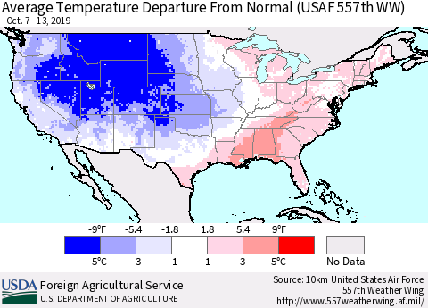 United States Average Temperature Departure From Normal (USAF 557th WW) Thematic Map For 10/7/2019 - 10/13/2019