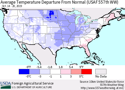 United States Average Temperature Departure from Normal (USAF 557th WW) Thematic Map For 10/14/2019 - 10/20/2019