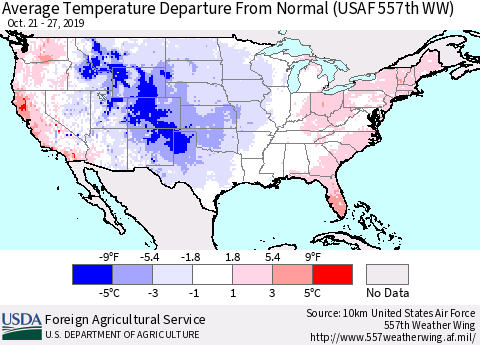 United States Average Temperature Departure From Normal (USAF 557th WW) Thematic Map For 10/21/2019 - 10/27/2019