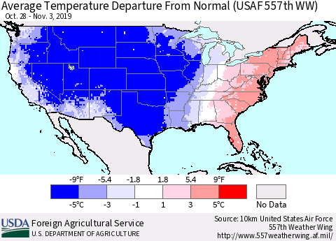 United States Average Temperature Departure From Normal (USAF 557th WW) Thematic Map For 10/28/2019 - 11/3/2019