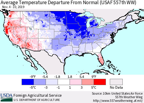 United States Average Temperature Departure from Normal (USAF 557th WW) Thematic Map For 11/4/2019 - 11/10/2019