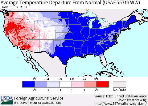 United States Average Temperature Departure From Normal (USAF 557th WW) Thematic Map For 11/11/2019 - 11/17/2019