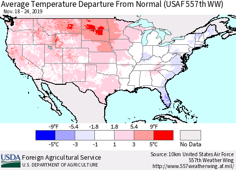 United States Average Temperature Departure From Normal (USAF 557th WW) Thematic Map For 11/18/2019 - 11/24/2019
