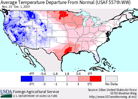 United States Average Temperature Departure From Normal (USAF 557th WW) Thematic Map For 11/25/2019 - 12/1/2019