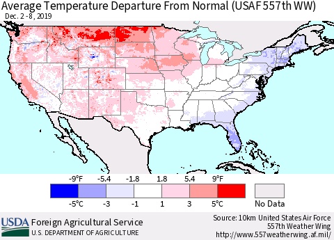 United States Average Temperature Departure From Normal (USAF 557th WW) Thematic Map For 12/2/2019 - 12/8/2019